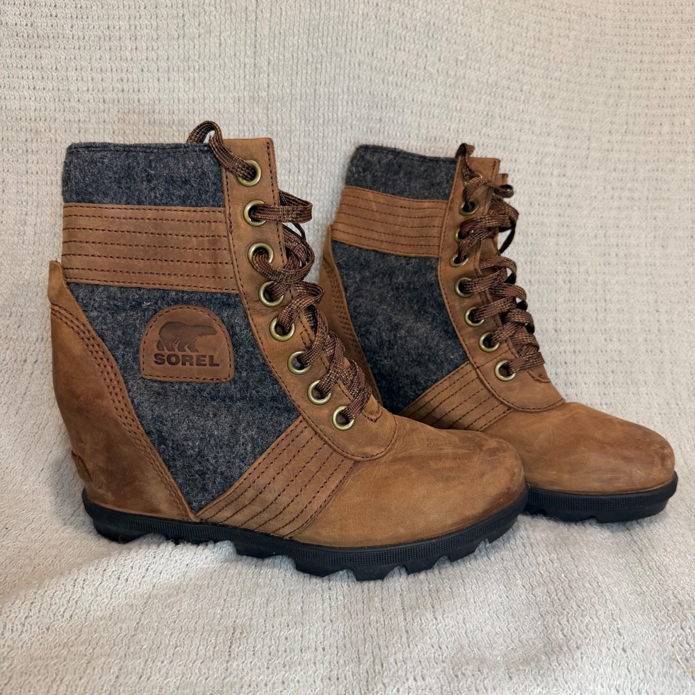 Sorel Lexie Wedge Boot Women 7.5 Brown Leather Felt Lace Up Winter (no insoles)